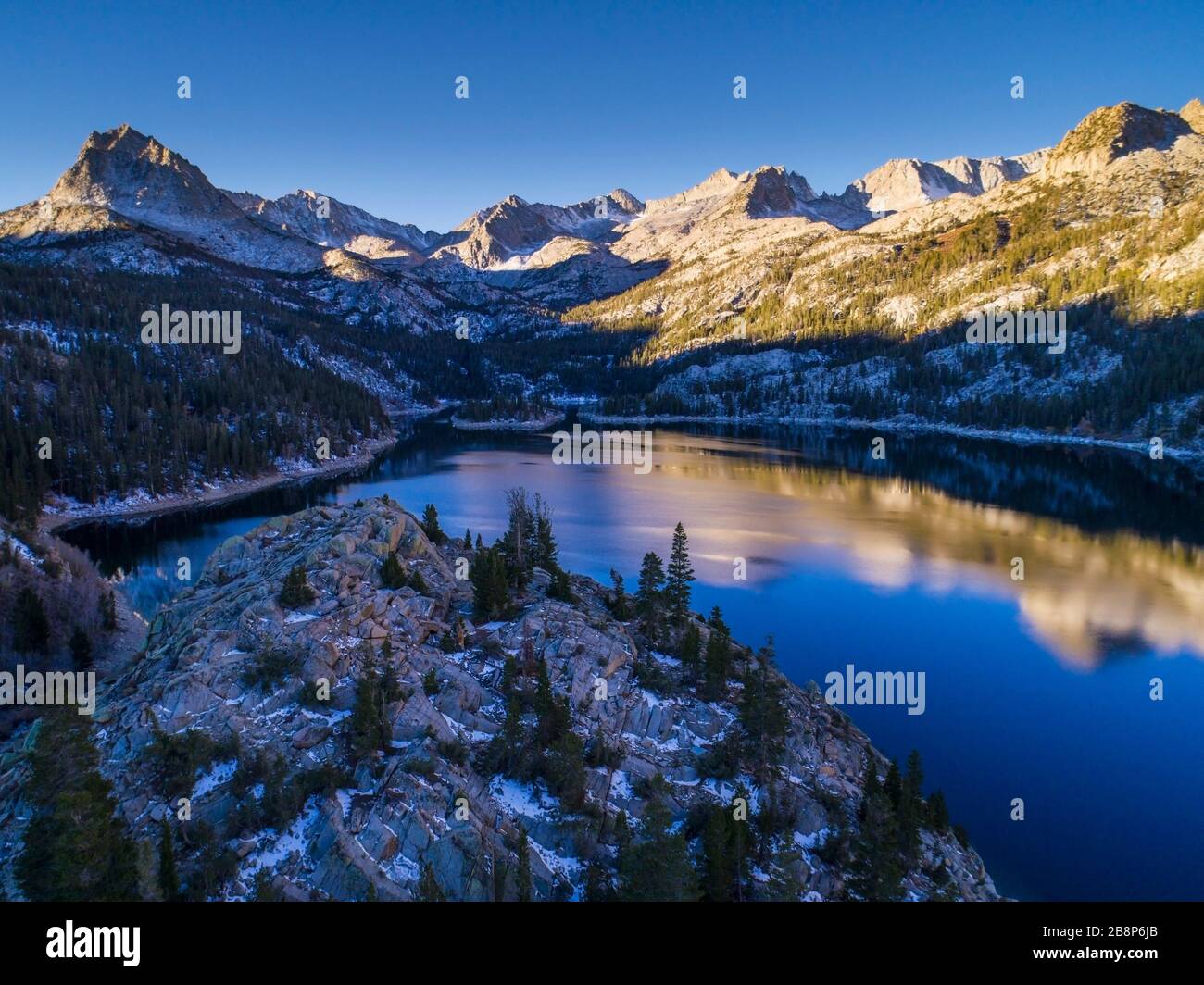 Aerial View of South Lake in winter, Sierra Nevada Mountains, California Stock Photo