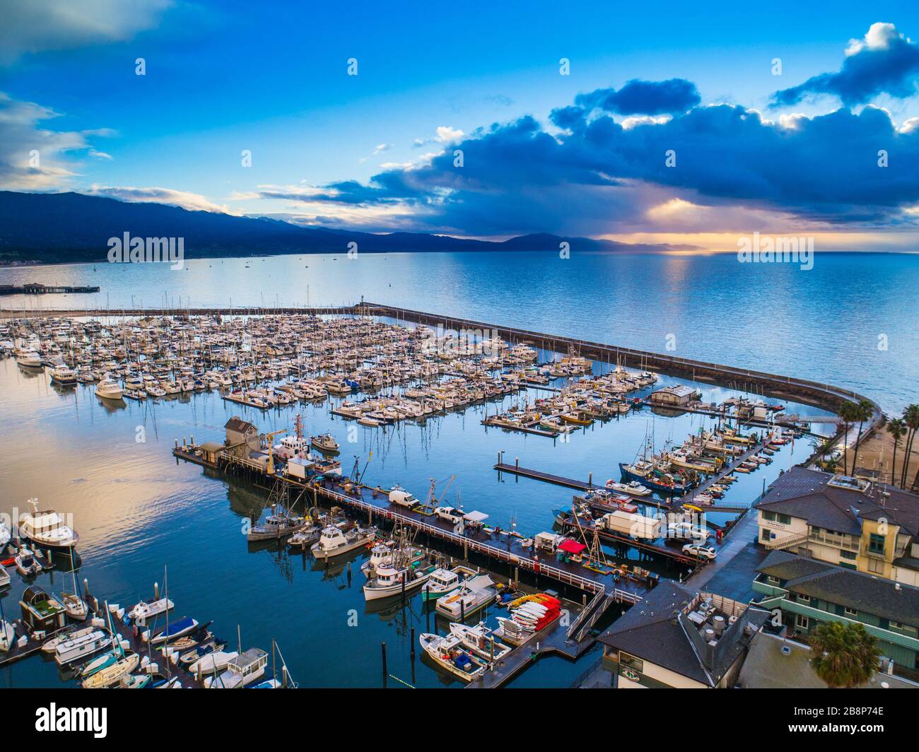 Aerial of stormy sunrise over the harbor, Santa Barbara, California Stock Photo