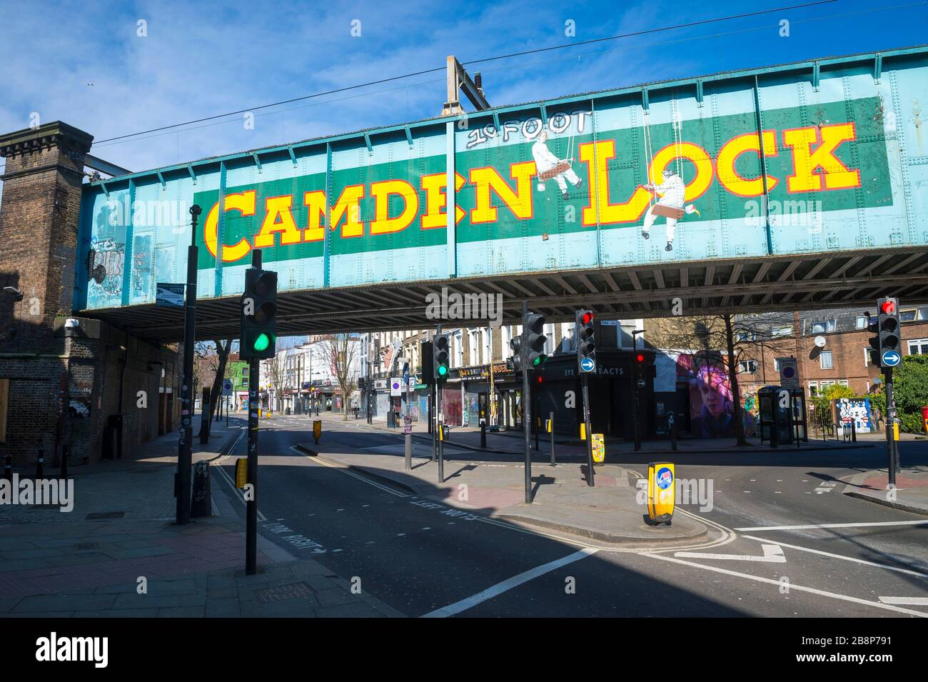 LONDON - 22 MARCH, 2020: Usually bustling streets around the famous Camden Market are now deserted while the city suffers from Coronavirus lockdown. Stock Photo