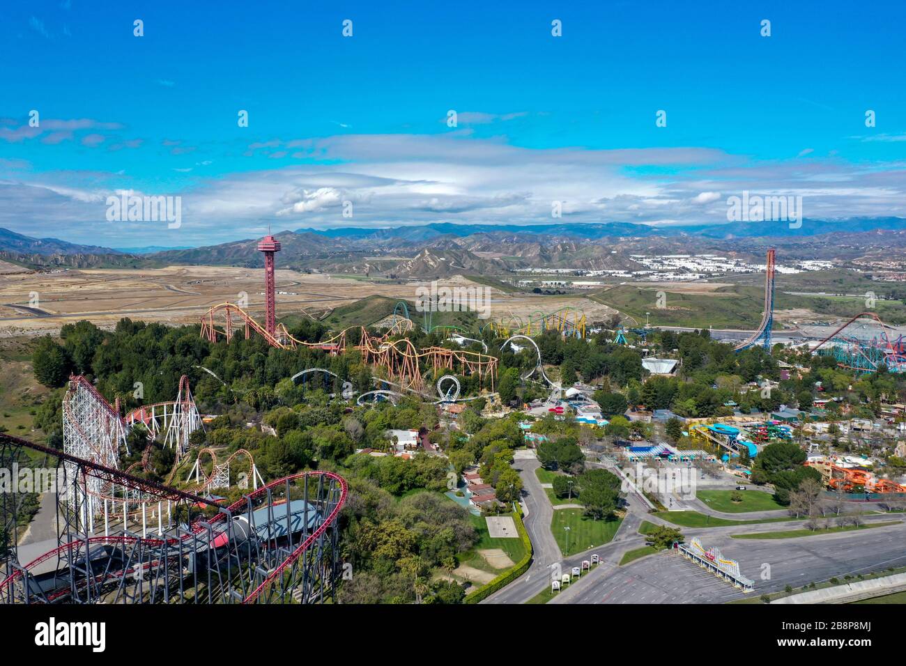 Valencia, California, USA, March 22, 2020. Aerial view of Six Flags Magic Mountain Valencia theme park, vacant of people, staff and rides shut down Stock Photo