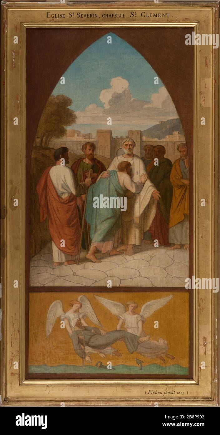 Sketch for the Saint -Severin: Pope St. Clement sending missionaries in Gaul. Angels withdraw from the sea the body of St. Clement. Pierre-Auguste Pichon (1805-1900). 'Esquisse pour l'église Saint -Sèverin : Le pape saint Clément envoyant des missionnaires dans les Gaules. Les Anges retirent de la mer le corps de saint Clément'. Crayon noir et huile sur toile. 1857-1857. Musée des Beaux-Arts de la Ville de Paris, Petit Palais. Stock Photo