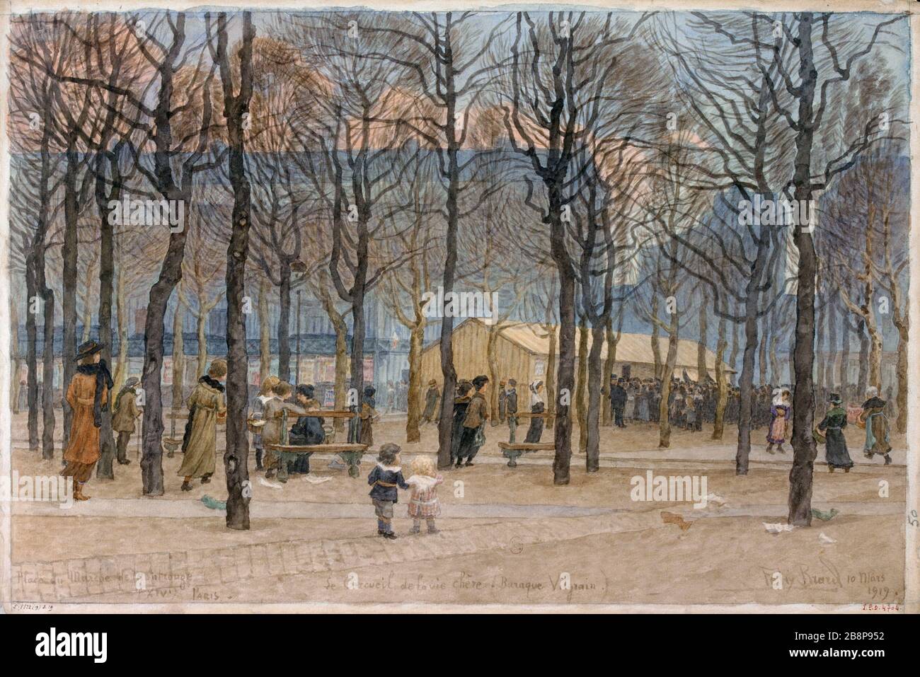 Market Square Montrouge - The coffin dear life (Vilgrain shack) Félix Brard. 'Place du marché de Montrouge - Le cercueil de la vie chère (baraque Vilgrain)'. Dessin, 10 mars 1919. Paris, musée Carnavalet. Stock Photo