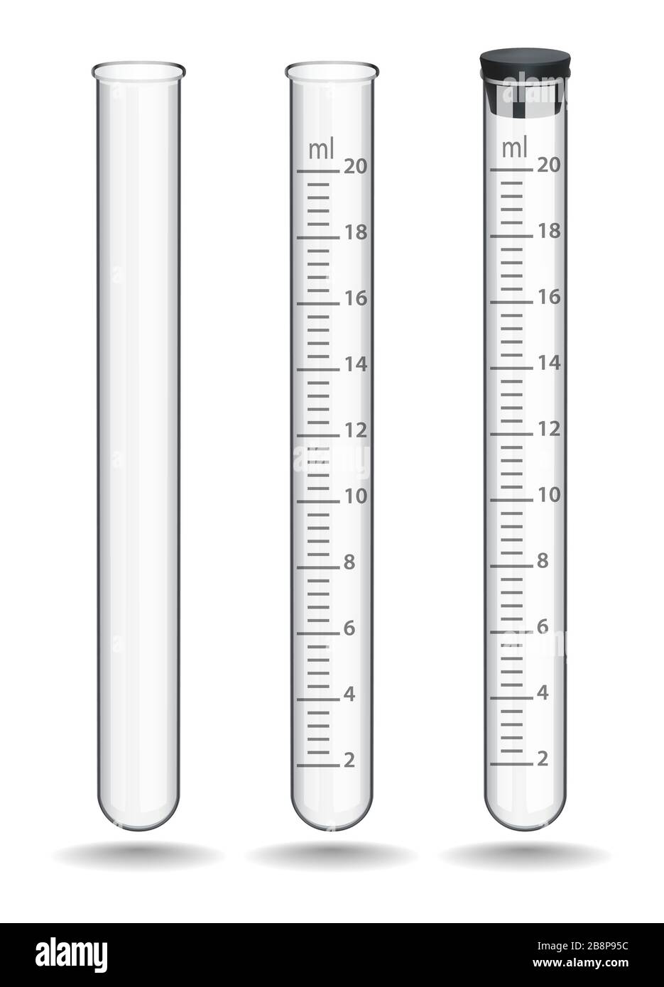 Set of glass laboratory test tubes with a scale and a rubber stopper ...