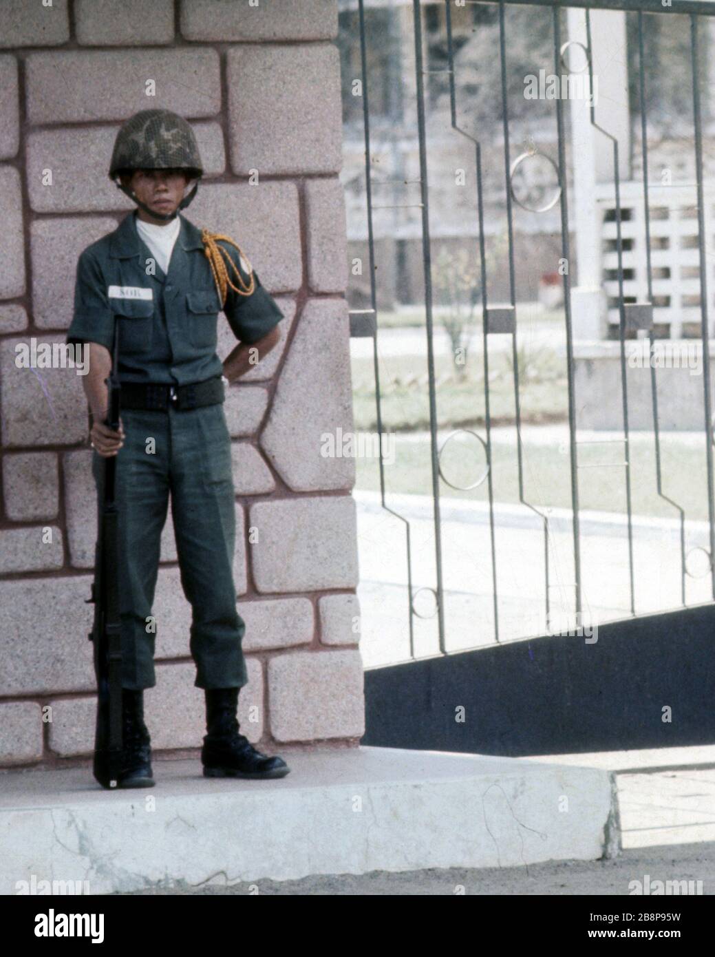 1968,Danang Airport, Vietnam,  South Vietnamese soldier standing guard Stock Photo