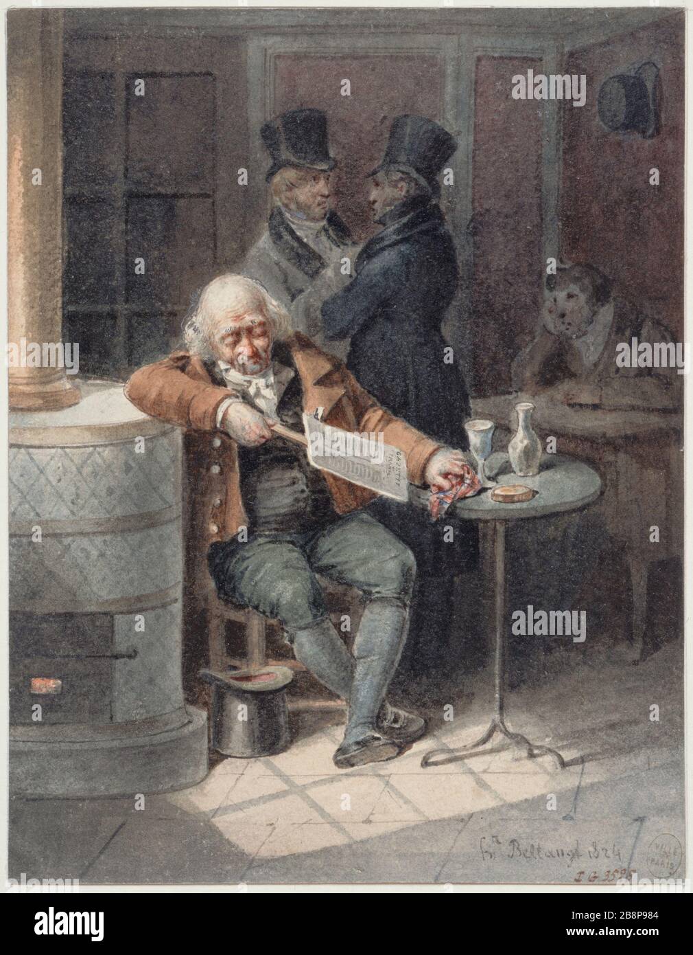 Reading the Gazette Hippolyte Bellangé (1800-1866). 'La lecture de la gazette'. Dessin, 1824. Paris, musée Carnavalet. Stock Photo