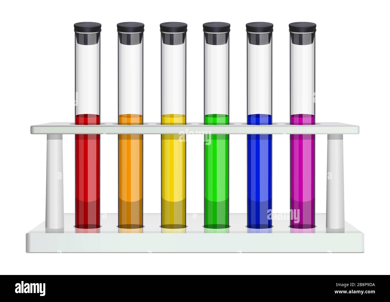 Glass laboratory test tubes with cork and multi-colored liquids. Test tubes in a laboratory rack. Special dishes for medicine, pharmaceptics Stock Vector