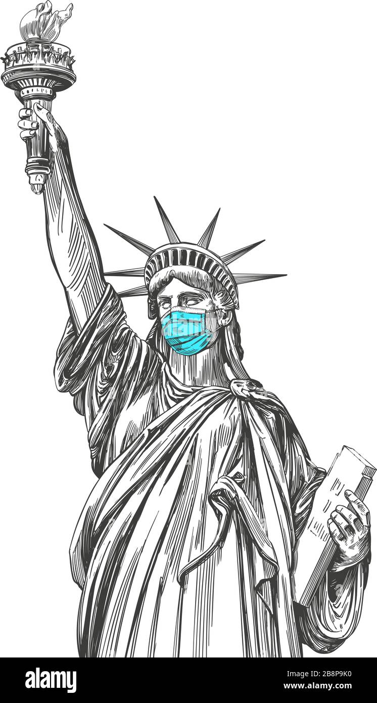statue of liberty in a mask, coronavirus is a dangerous disease in the United States of America, a respirator, protection from the virus. hand drawn Stock Vector