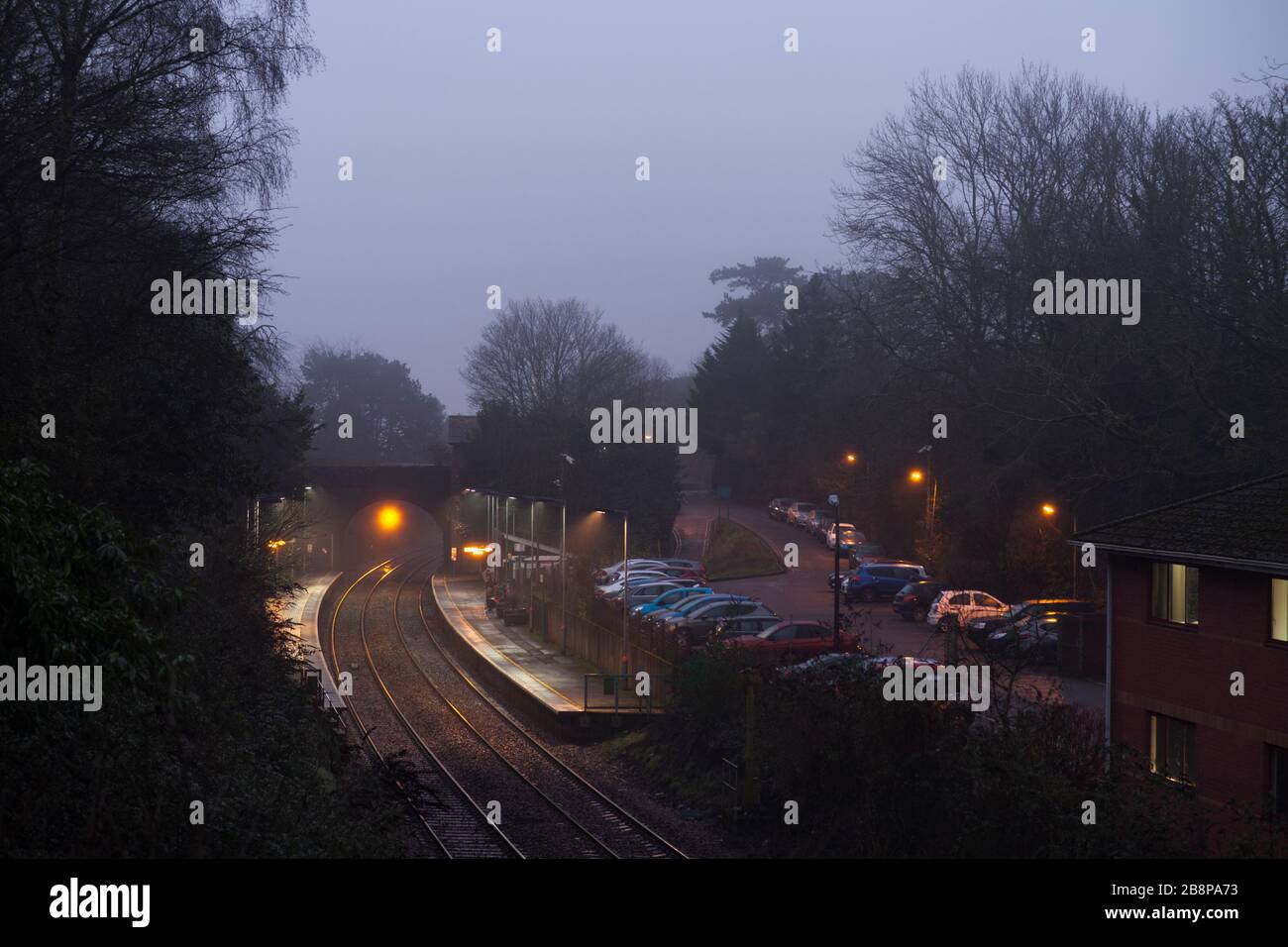Llanishen railway station in the south Wales valleys at dusk on a damp, misty day Stock Photo