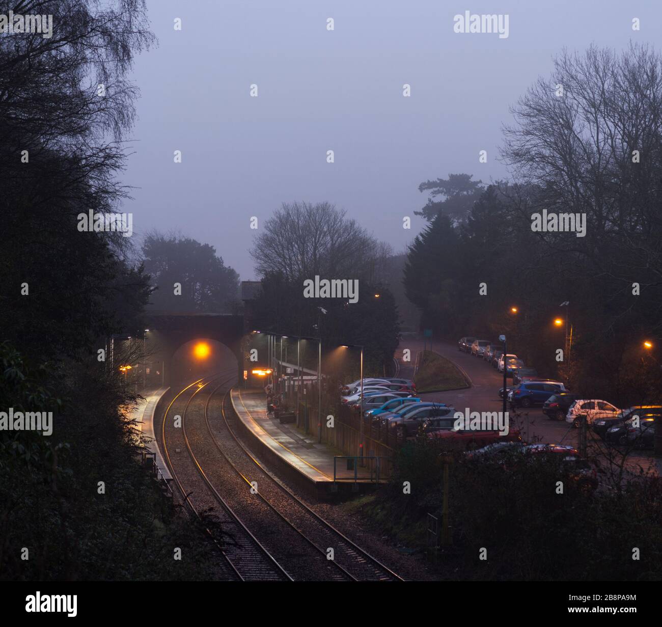 Llanishen railway station in the south Wales valleys at dusk on a damp, misty day Stock Photo
