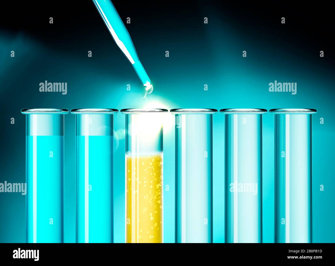 Researchers test new vaccines to fight coronavirus. Covid-19. Experimentation and testing of the vaccine to defeat Sars-Cov-2. Test tube Stock Photo