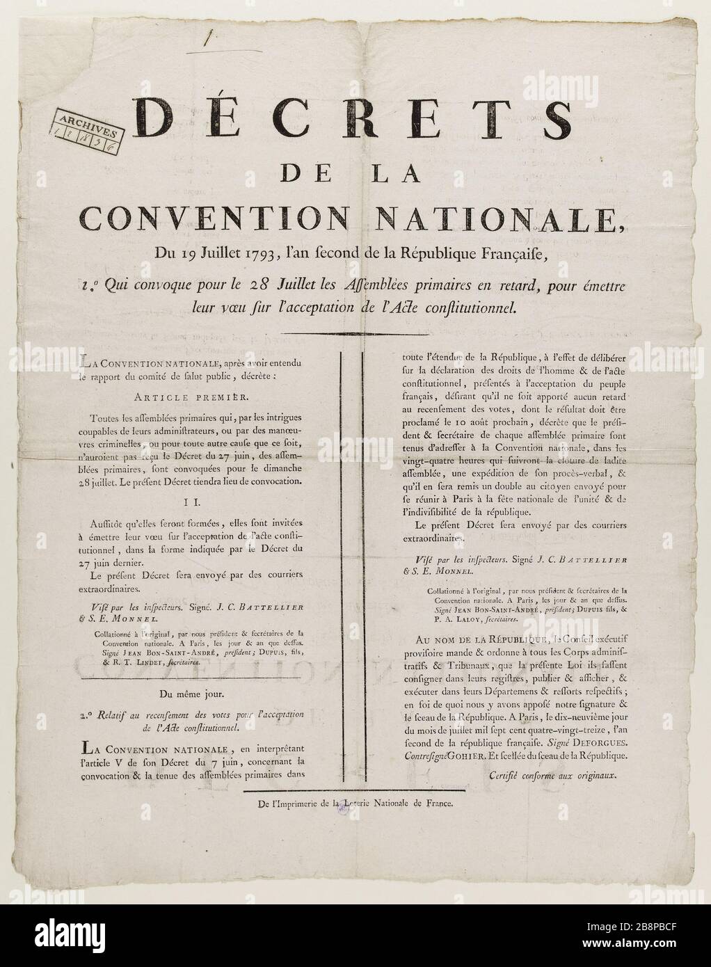 DECREE OF THE NATIONAL CONVENTION July 19, 1793 Anonyme. 'Décrets de la Convention Nationale du 19 Juillet 1793'. Typographie. 1793. Paris, musée Carnavalet. Stock Photo