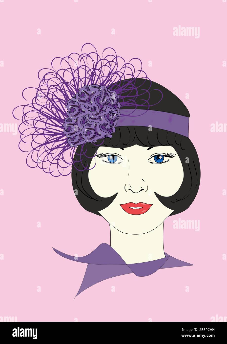 A graphic illustration of a 1920s Flapper in an ornate lavender headpiece. Stock Photo