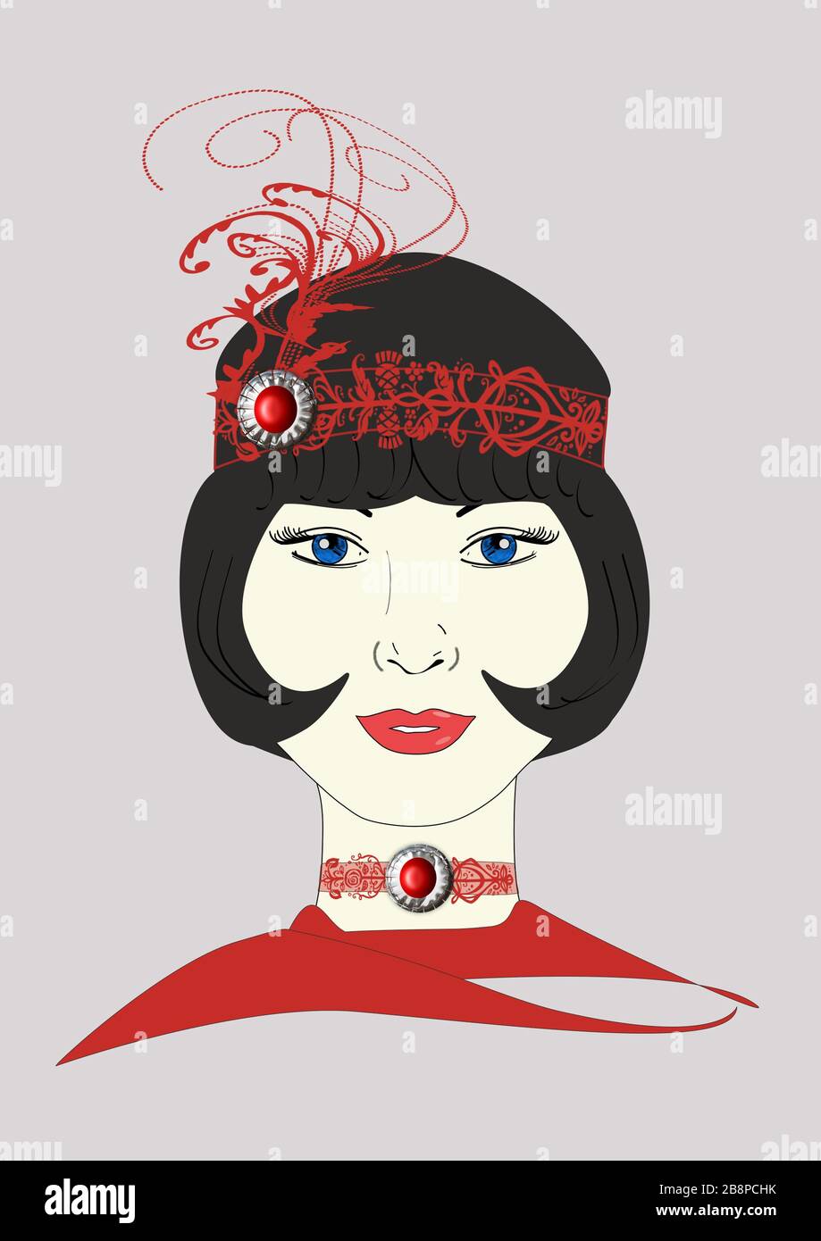 A graphic illustration of a 1920s Flapper in an ornate red headpiece. Stock Photo
