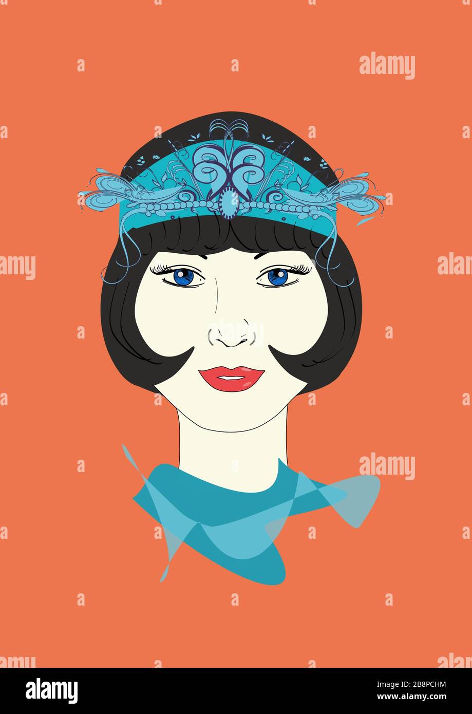 A graphic illustration of a 1920s Flapper in an ornate turquoise headpiece. Stock Photo