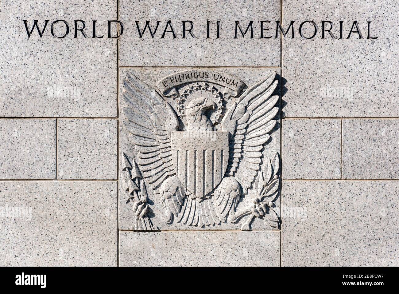 WWII, World War II Memorial Great Seal and Motto, Washington, D.C., United States of America, USA Stock Photo