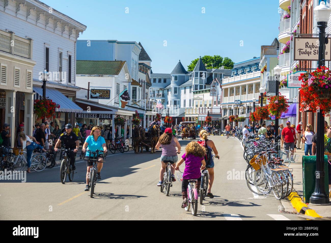 Bustling streets of downtown Mackinac Island during tourist season