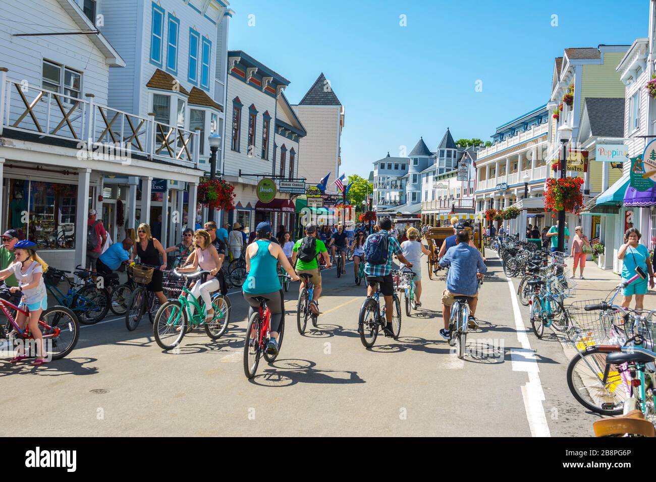 Bustling streets of downtown Mackinac Island during tourist season