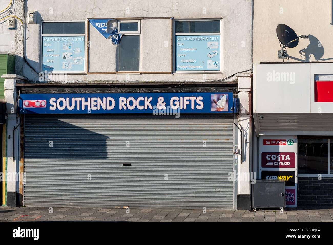 Closed business on Marine Parade, Southend on Sea, Essex, UK, during COVID-19 Coronavirus lockdown social distancing. Southend Rock & Gifts Stock Photo