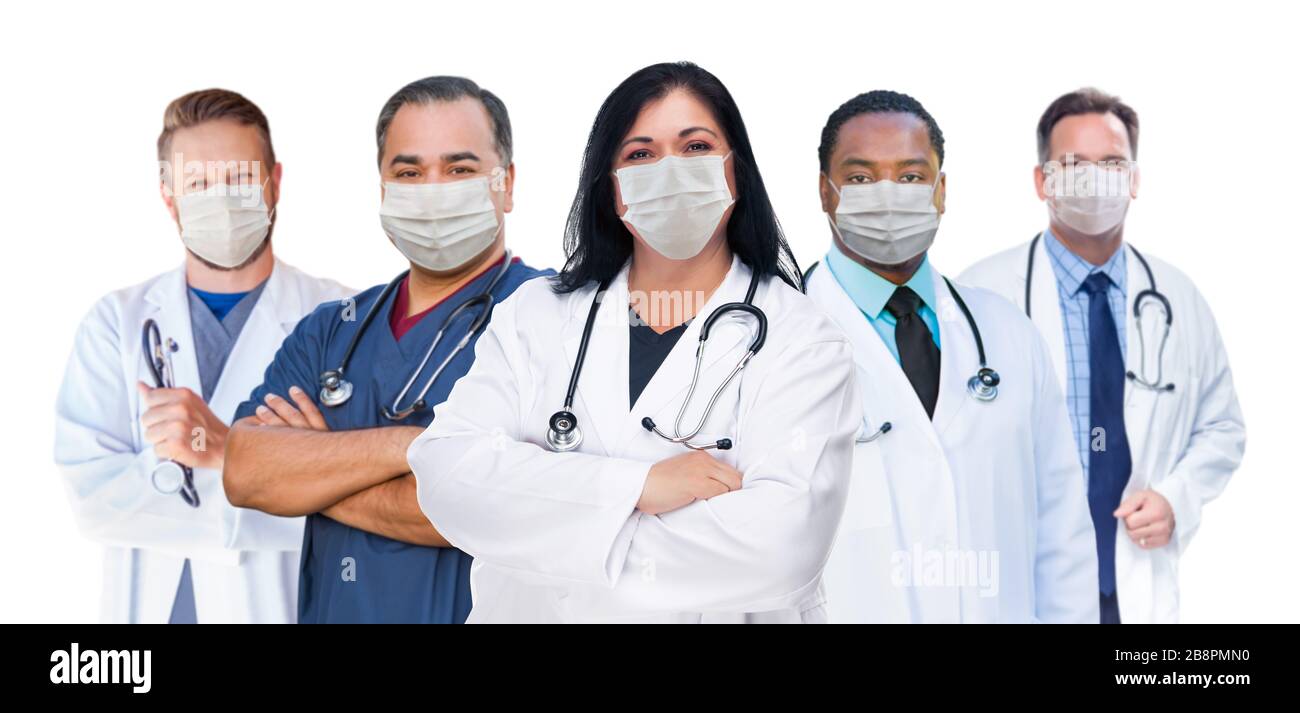 Variety of Medical Healthcare Workers Wearing Medical Face Masks Amidst