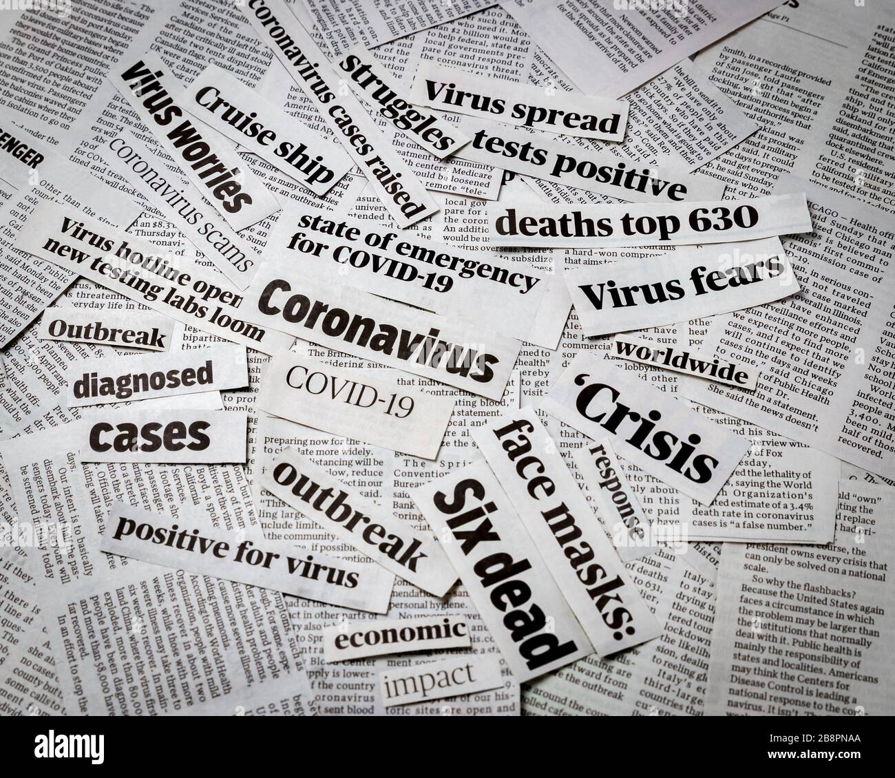 Covid-19 coronavirus newspaper headline clippings. Print media information isolated Stock Photo