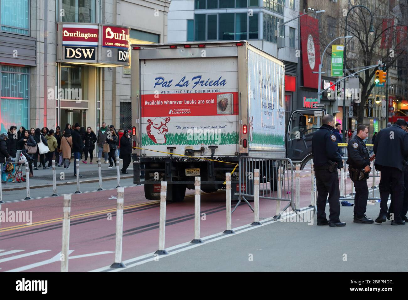 A police investigation in Union Square of a collision between a truck and pedestrian, New York, NY. March 7, 2020 Stock Photo