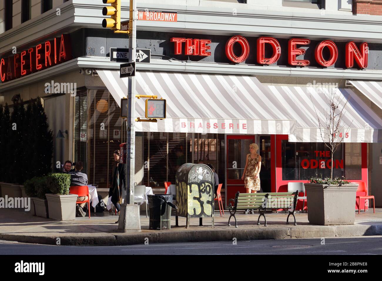 The Odeon, 145 W Broadway, New York. NYC storefront photo of a French American restaurant in the Tribeca neighborhood of Manhattan. Stock Photo