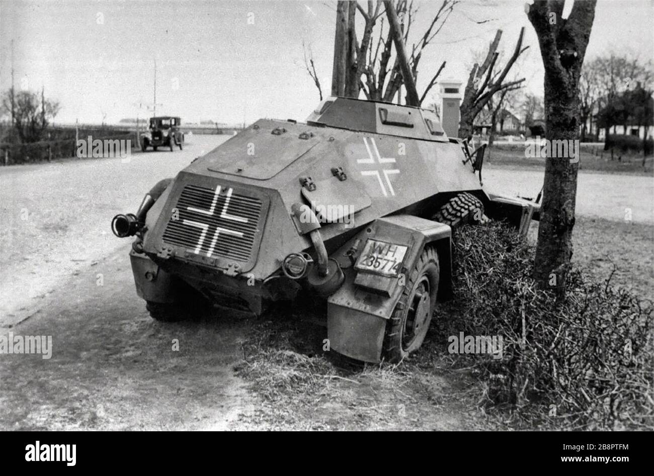 A Leichter Panzerspähwagen Sd. Kfz. 221 lies knocked out in Bredevad on April 9th, 1940 Stock Photo