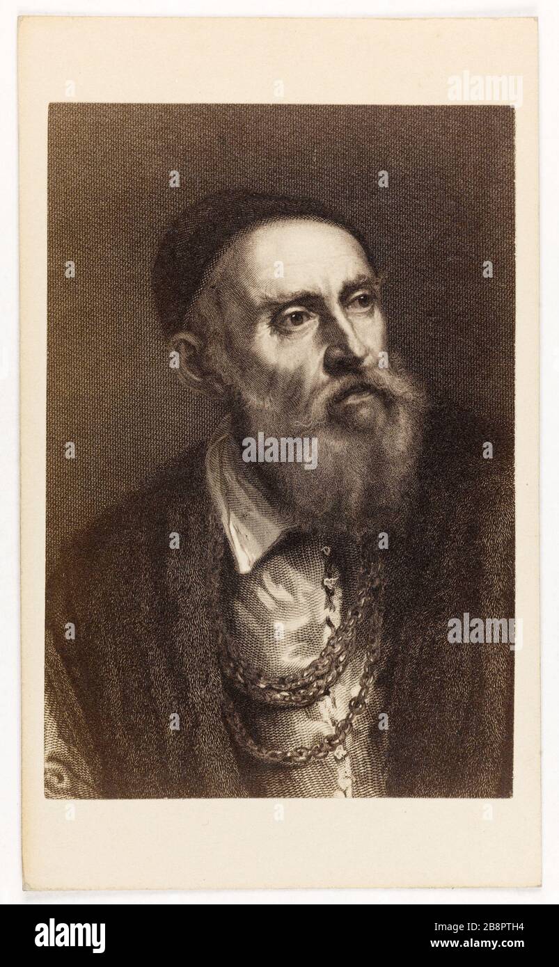 Vertical Titian (Tiziano Vecellio said) (1488 / 1490-1576), Venetian painter Portrait du Titien (Tiziano Vecellio, dit) (1488/1490-1576), peintre vénitien. Carte de visite (recto). Photographie anonyme. Tirage sur papier albuminé, 1860-1890. Paris, musée Carnavalet. Stock Photo