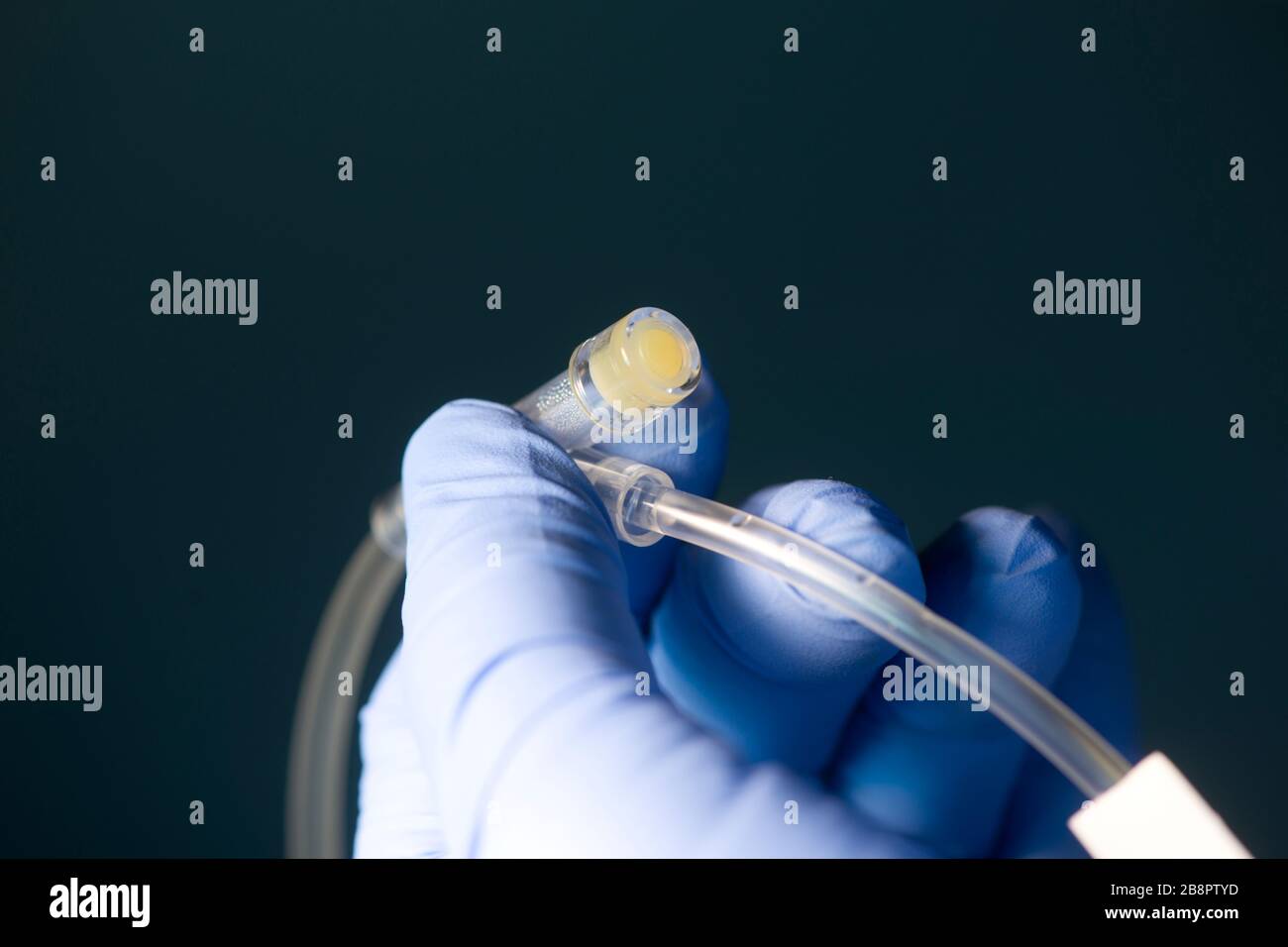 Injectable medication "push" IV port in IV tubing held by gloved nurse's hand. Stock Photo