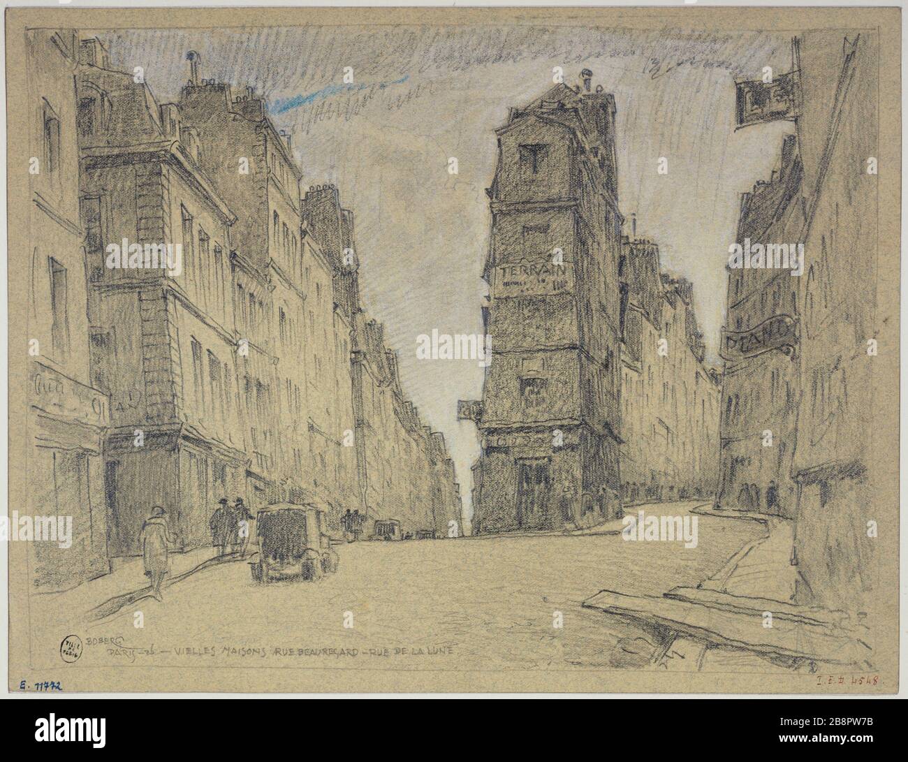 Old houses Beauregard St and the Moon Gustave Ferdinand Boberg (1860-1946), architecte suédois. Vieilles maisons rue Beauregard et rue de la Lune. Crayon rehaussé de bleu et craie blanche. Paris (IIème arr.), 1926. Paris, musée Carnavalet. Stock Photo