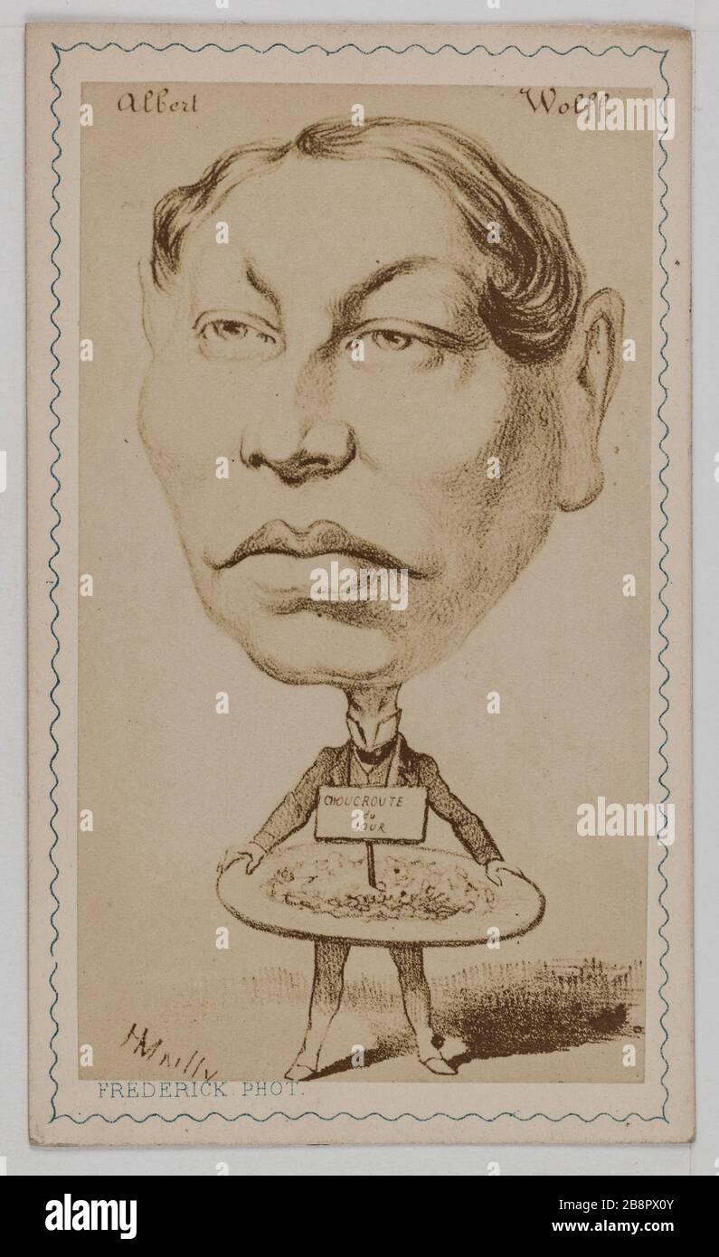 Portrait caricature of Albert Wolff (1835-1891), writer, theater critic and playwright (after Hippolyte Mailly). Portrait caricaturé d'Albert Wolff (1835-1891), littérateur, critique théâtral et auteur dramatique (d'après Hippolyte Mailly). Carte de visite (recto). Photographie de Frédérick. Tirage sur papier albuminé, 1860-1890. Paris, musée Carnavalet. Stock Photo