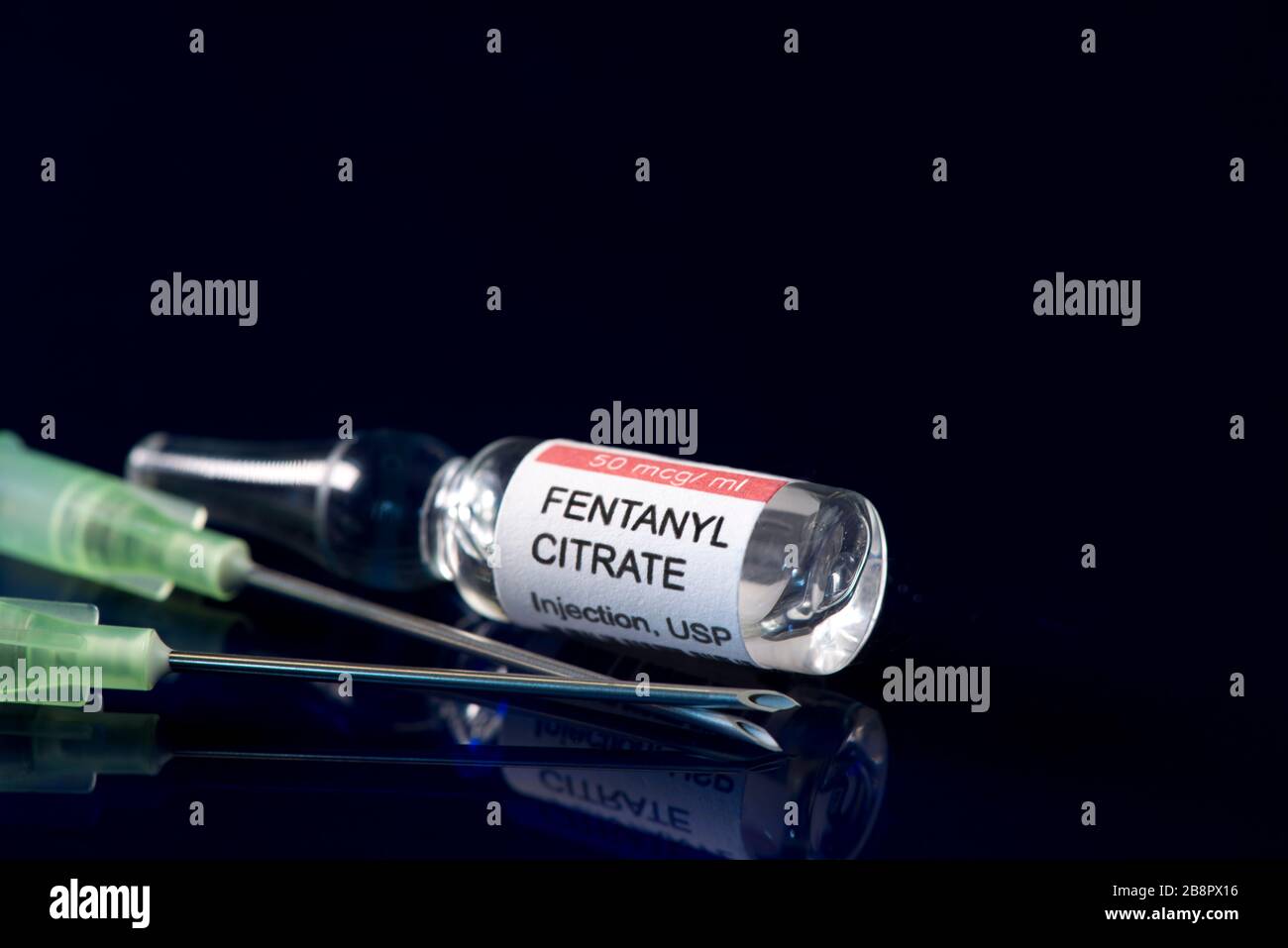 Fentanyl Citrate ampule with two filter syringe needles. Stock Photo