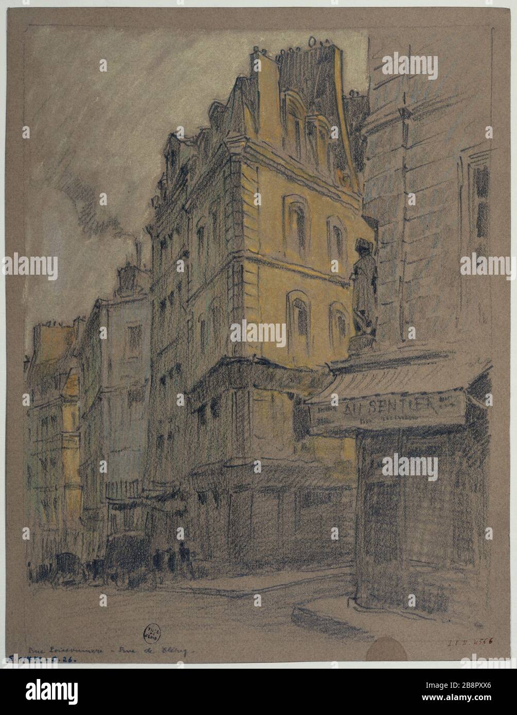 The Poissonnière Street and Rue de Clery, about 1926 Gustave Ferdinand Boberg (1860-1946), architecte suédois. La rue Poissonnière et la rue de Cléry. Crayon. Paris (IIème arr.), vers 1926. Paris, musée Carnavalet. Stock Photo
