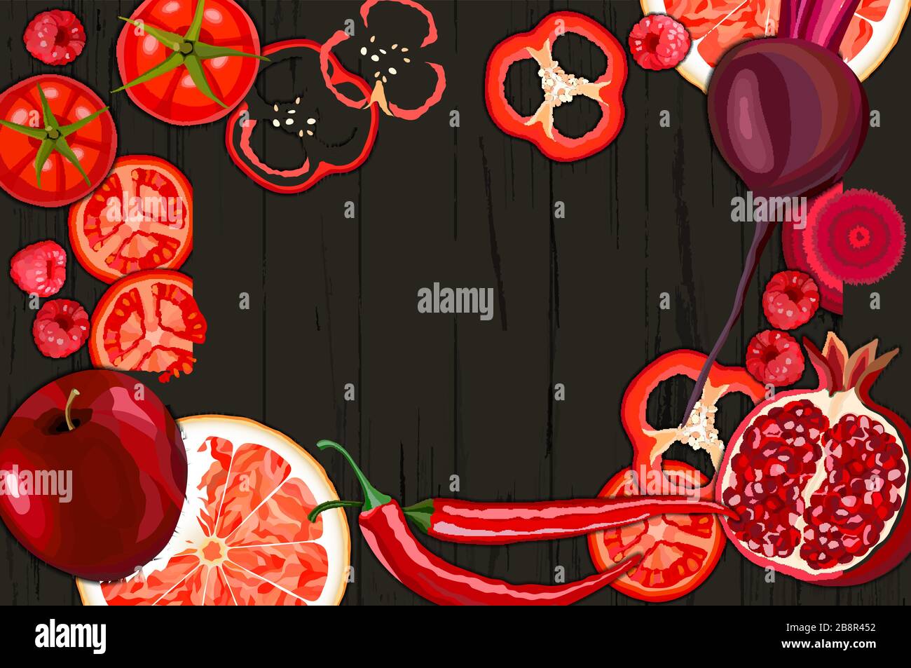 Collection of fresh red color vegetables and fruits raw on wooden background Stock Vector