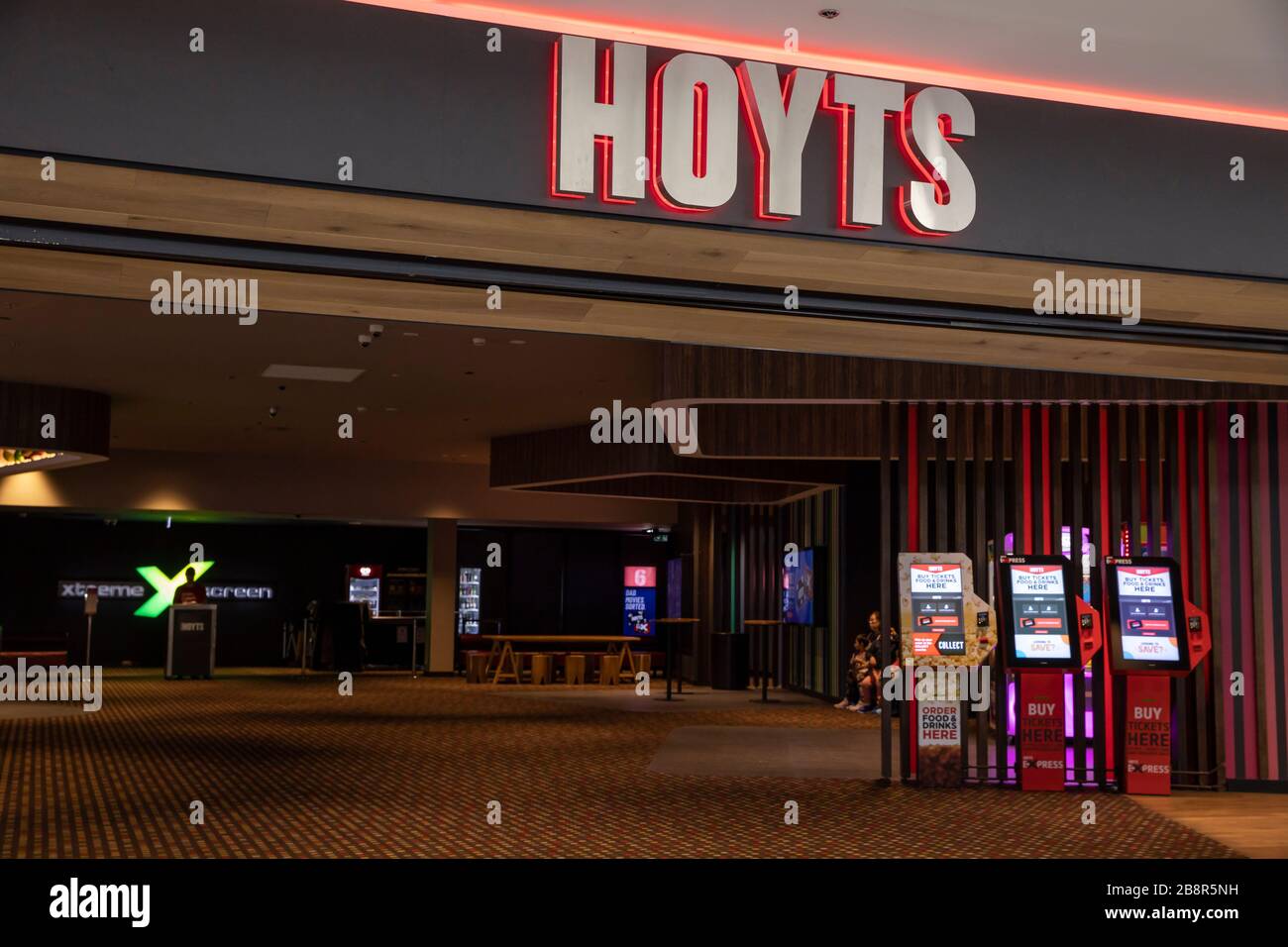 Brisbane, Australia - August 6, 2019: coronavirus shutdown of cinemas amid covid 19 fears Australia, Hoyts cinema closed for business for safety concerns with the virus pandemic, westfield, Australia Stock Photo