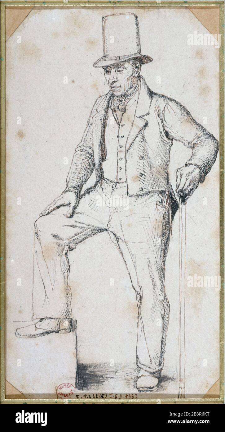 PORTRAIT OF A MAN OF DRESSING UP HAT HAT AND HAND HOLDING A KIND OF PIQUE  OR TOISE - SOLDIERS OF INDUSTRY François Bonhommé (1809-1881). "Portrait  d'un homme coiffé d'un chapeau haut-de-forme