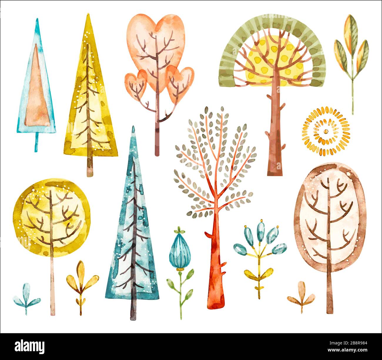 Tree vector watercolor set. cute watercolor nursery cartoon baby tree