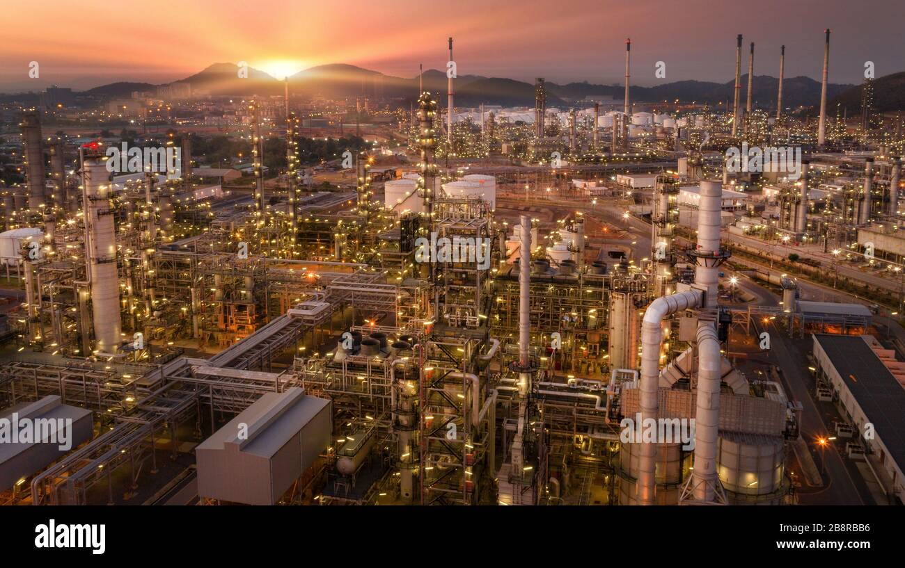 Panorama aerial view oil and gas refinery,refinery Industry at twilight Stock Photo