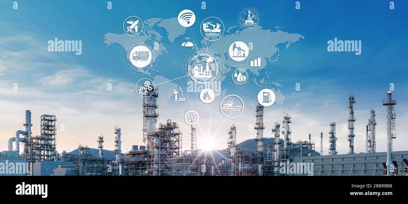 Double exposure of oil refinery industry and icon connecting networking for information and using modern  technology, Industrail 4.0 concept. Stock Photo