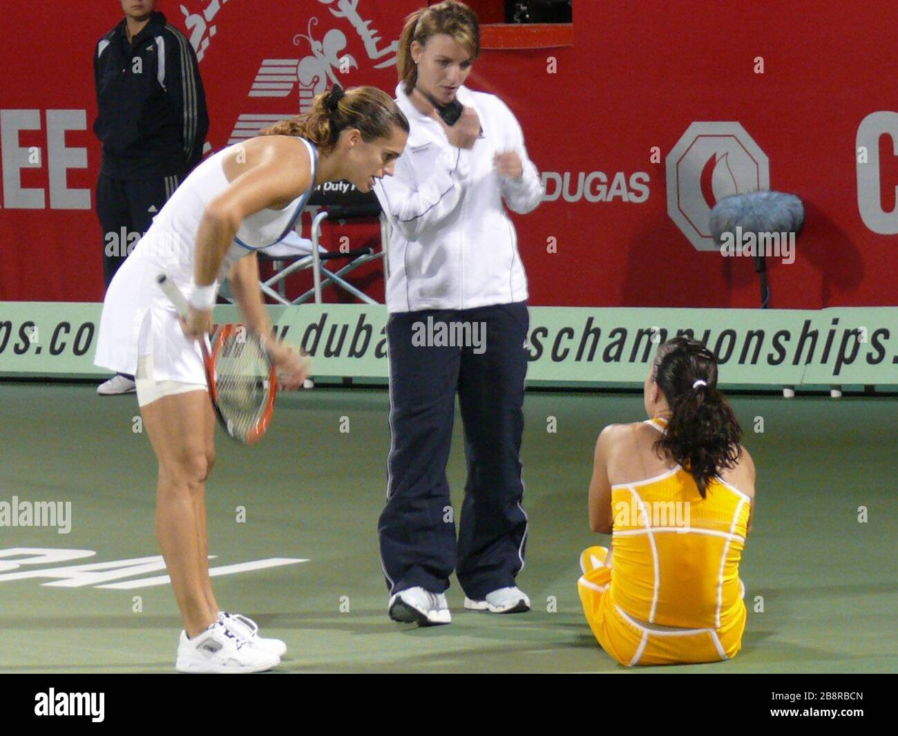 A photo of a fallen Jelena at the 2007 Dubai Tennis Championship. This was  at the semi final stage, where she retired from an ankle injury during the  match against Amélie Mauresmo.