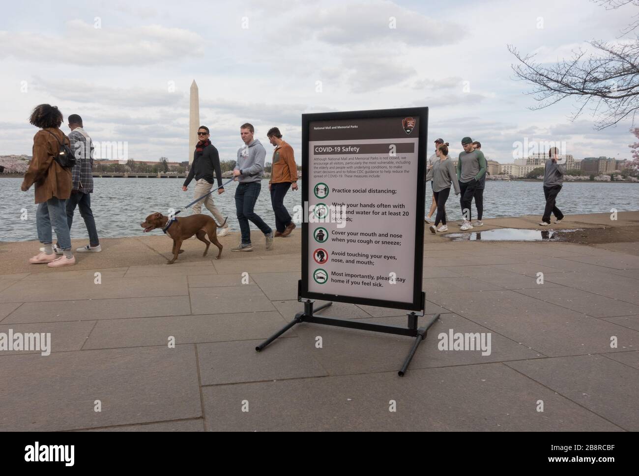 Washington, DC - Mar. 22, 2020: COVID-19 information signs urge safety precautions at the Tidal Basin where residents and tourists normally flock to see the famed cherry blossoms. City officials closed surrounding streets to vehicle traffic, and two Metro stations to minimize the number of visitors and possible contagion. Stock Photo