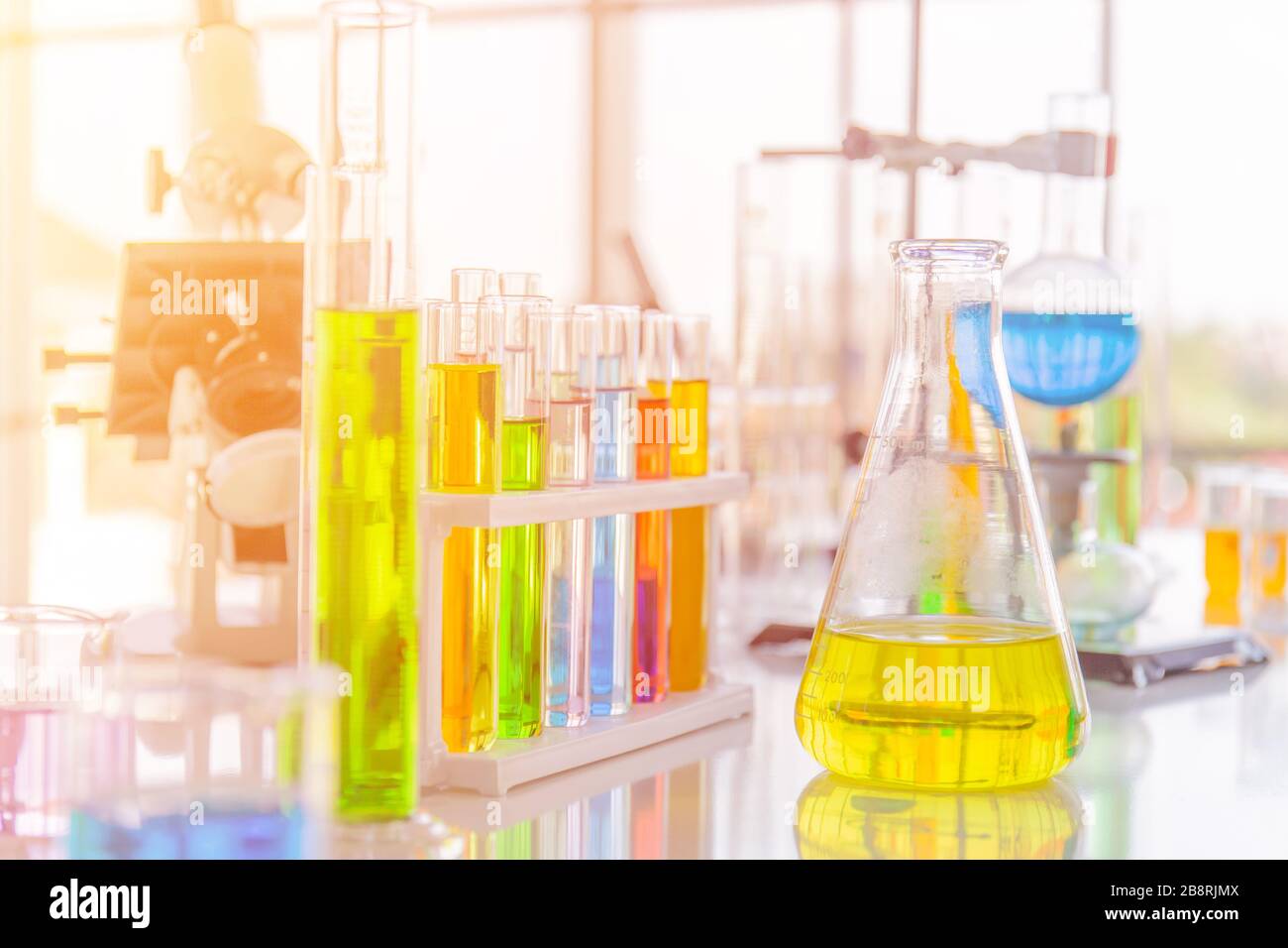 Chemical reagent bottles in scientific experiments of various sizes Stock Photo