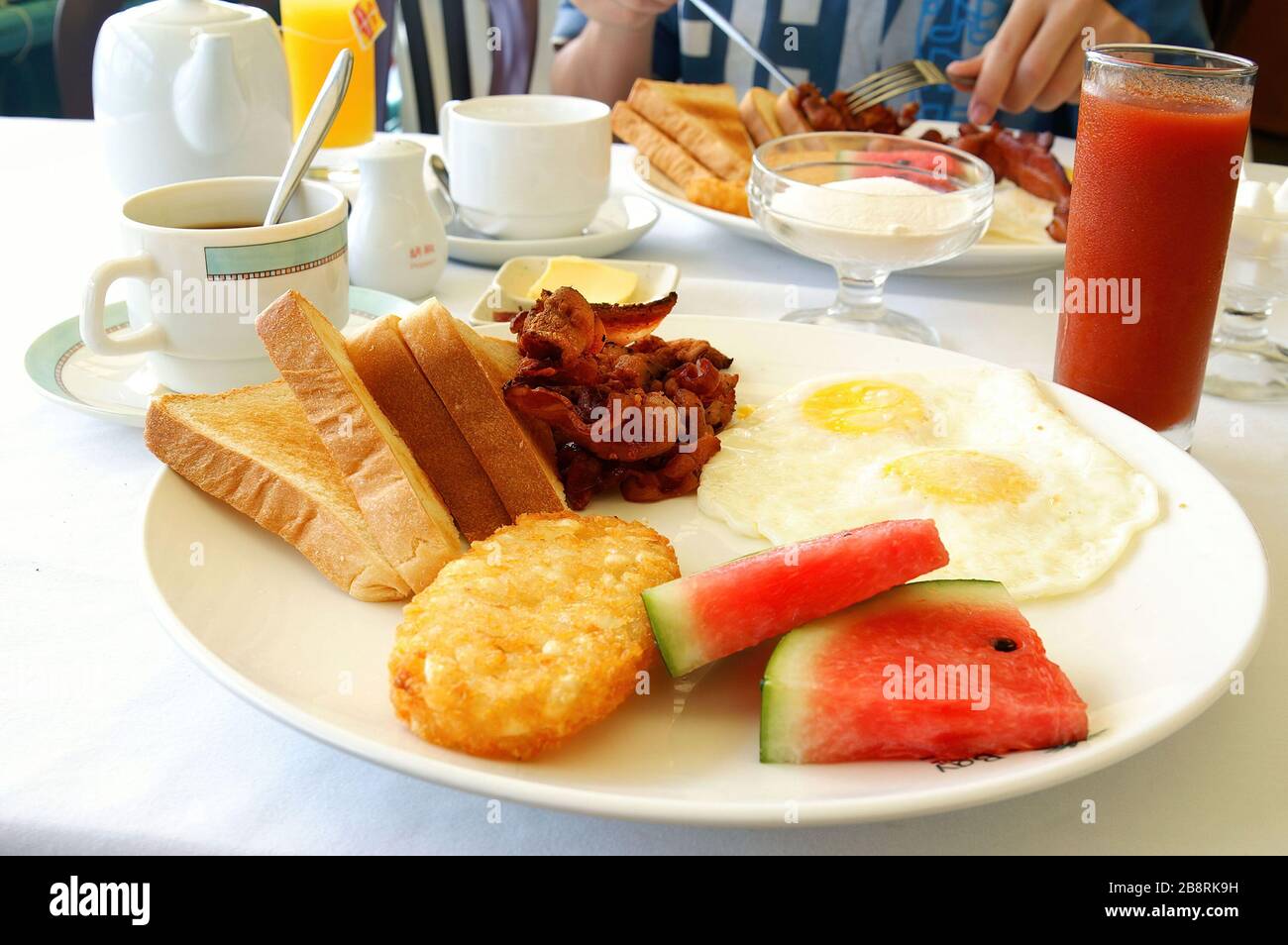 Close up shot of an American style breakfast at Palau Stock Photo