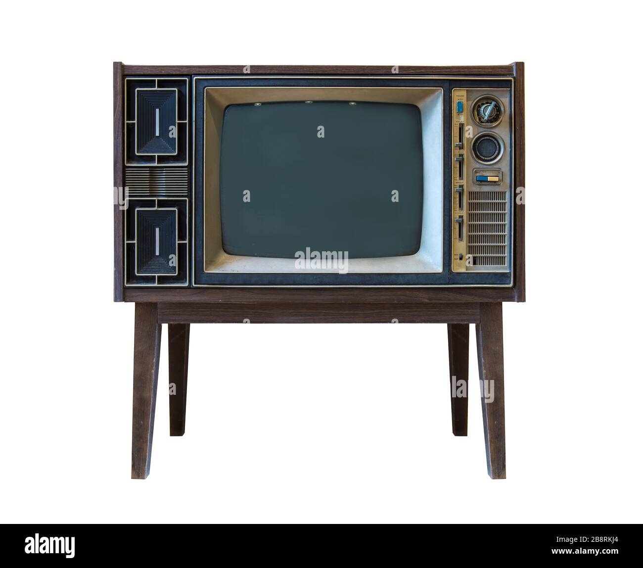 Vintage tv - antique wooden box television isolated on white with clipping  path for object. retro technology Stock Photo