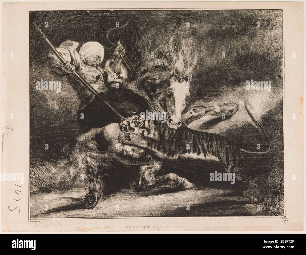 Tiger Attack Louis Candide Boulanger (1806-1867). 'Attaque du tigre'. Lithographie sur papier. 1830. Paris, Maison de Victor Hugo. Stock Photo