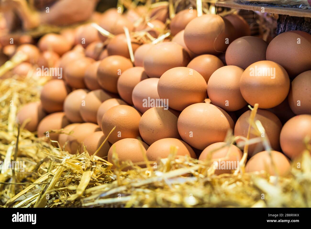 Fresh free range chicken eggs at a farmers market. Stock Photo