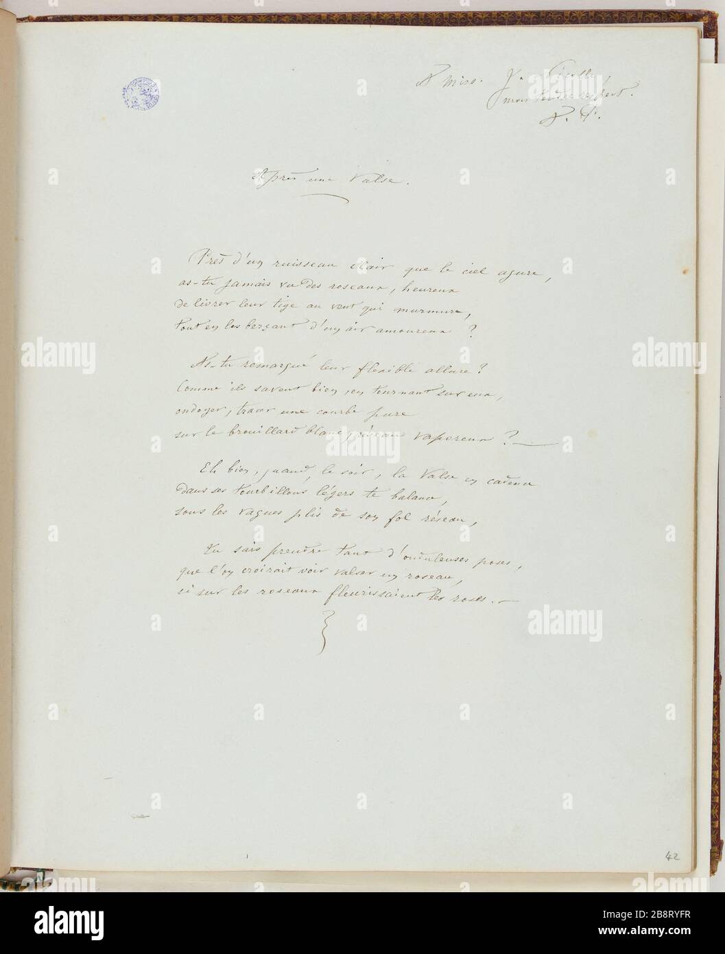 JOSS ALBUM ALBUM OR Nicolle (WITH ANNOUNCEMENT JOSEPHINE Nicolle, BELLE-SISTER PROHIBITED HAT-DUVERDIER). A POEM DEDICATION JOSEPHINE Nicolle. 'AFTER A WALTZ Album Joss ou Album Nicolle (ayant appartenu à Joséphine Nicolle, belle-soeur du proscrit Bonnet-Duverdier). Poème dédicacé à Joséphine Nicolle, 'Après une valse'. Encre sur papier. Auteur non identifié, vers 1860-1865. Paris, Maison de Victor Hugo. Stock Photo