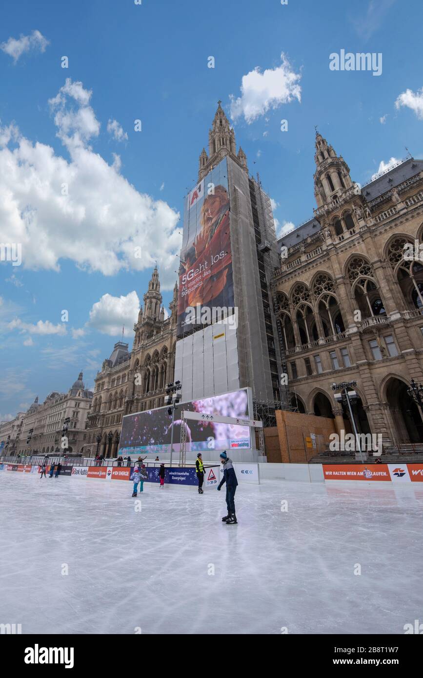 VIENNA, AUSTRIA. Ice skating at the Wiener Eistraum. The Wiener Rathaus