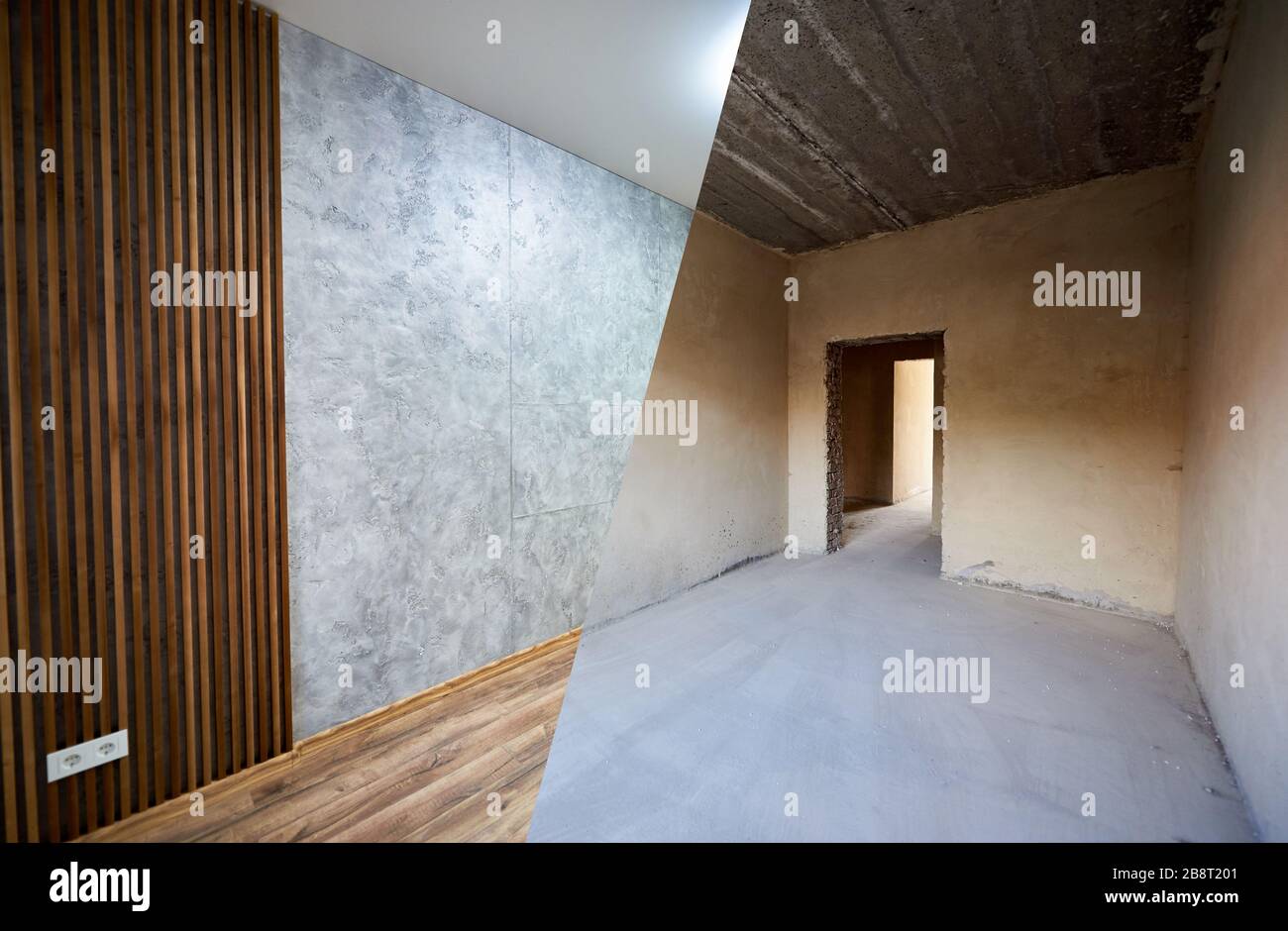 Room in apartment before and after renovation works, empty grey walls vs new modern design, wooden planks, grey tiles on the wall, wood laminate Stock Photo