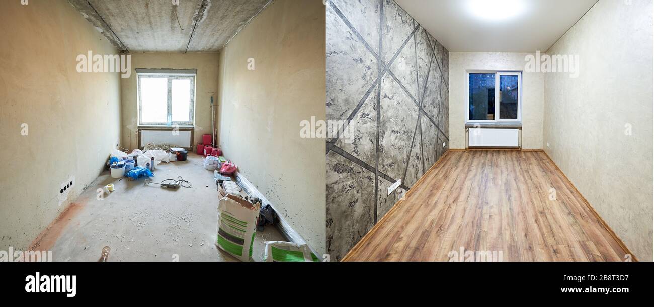 Room modernization, old messy flat vs new empty rebuilt one with wood laminate, beige and grey wallpapers and a window Stock Photo